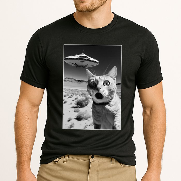 A cat taking a selfie with a ufo spaceship funny pun meme Performance Shirt