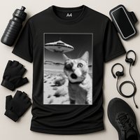 A cat taking a selfie with a ufo spaceship funny pun meme Performance Shirt