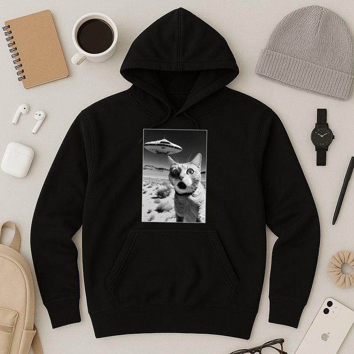 A cat taking a selfie with a ufo spaceship funny pun meme Hoodie