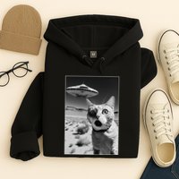 A cat taking a selfie with a ufo spaceship funny pun meme Hoodie