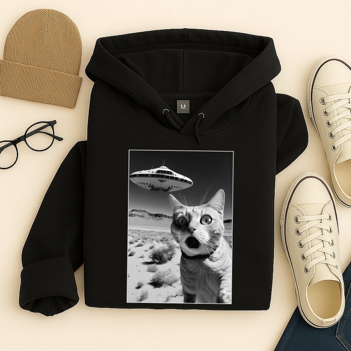 A cat taking a selfie with a ufo spaceship funny pun meme Hoodie