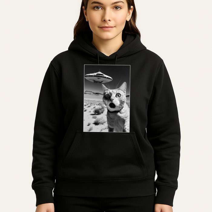 A cat taking a selfie with a ufo spaceship funny pun meme Hoodie