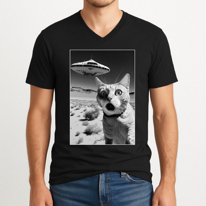 A cat taking a selfie with a ufo spaceship funny pun meme V-Neck T-Shirt