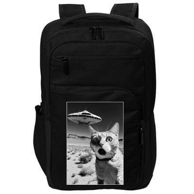 A cat taking a selfie with a ufo spaceship funny pun meme Impact Tech Backpack