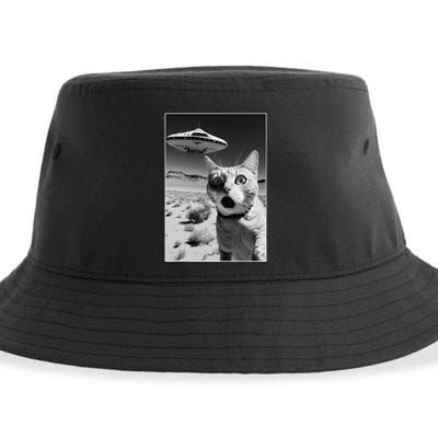 A cat taking a selfie with a ufo spaceship funny pun meme Sustainable Bucket Hat