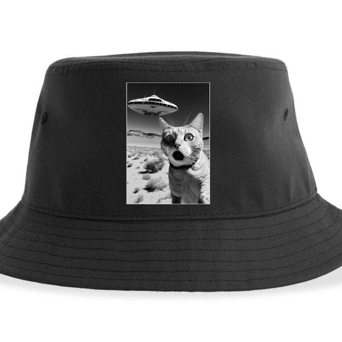 A cat taking a selfie with a ufo spaceship funny pun meme Sustainable Bucket Hat