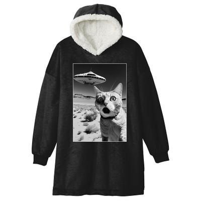 A cat taking a selfie with a ufo spaceship funny pun meme Hooded Wearable Blanket