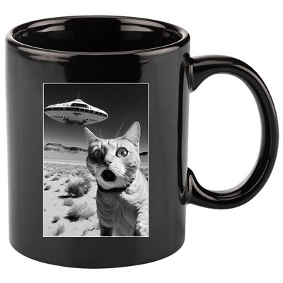 A cat taking a selfie with a ufo spaceship funny pun meme 11oz C Handle Ceramic Mug