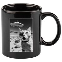 A cat taking a selfie with a ufo spaceship funny pun meme 11oz C Handle Ceramic Mug