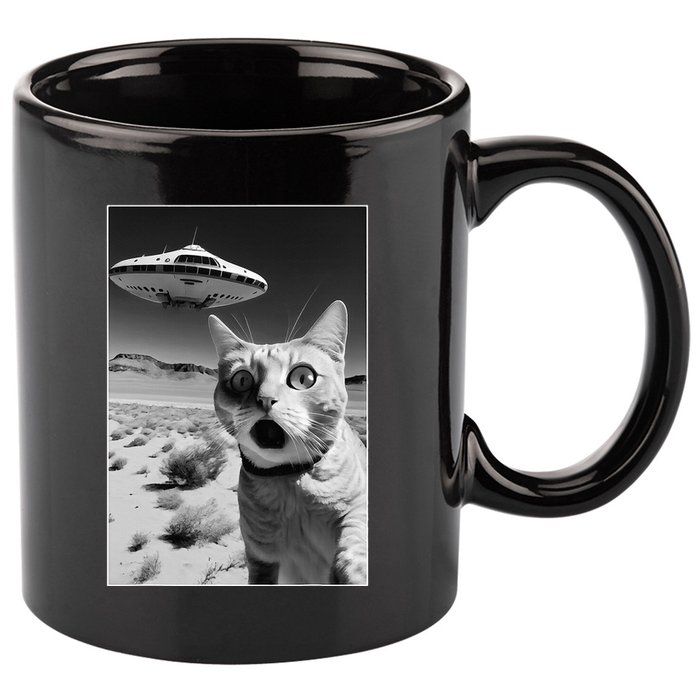 A cat taking a selfie with a ufo spaceship funny pun meme 11oz C Handle Ceramic Mug