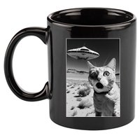 A cat taking a selfie with a ufo spaceship funny pun meme 11oz C Handle Ceramic Mug