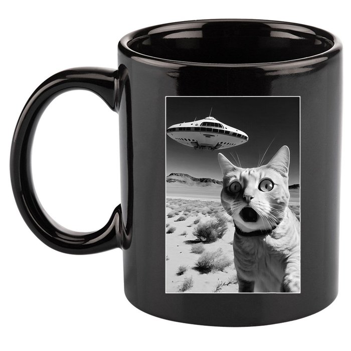 A cat taking a selfie with a ufo spaceship funny pun meme 11oz C Handle Ceramic Mug
