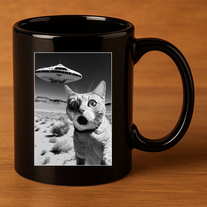 A cat taking a selfie with a ufo spaceship funny pun meme 11oz C Handle Ceramic Mug