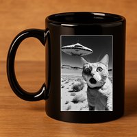 A cat taking a selfie with a ufo spaceship funny pun meme 11oz C Handle Ceramic Mug