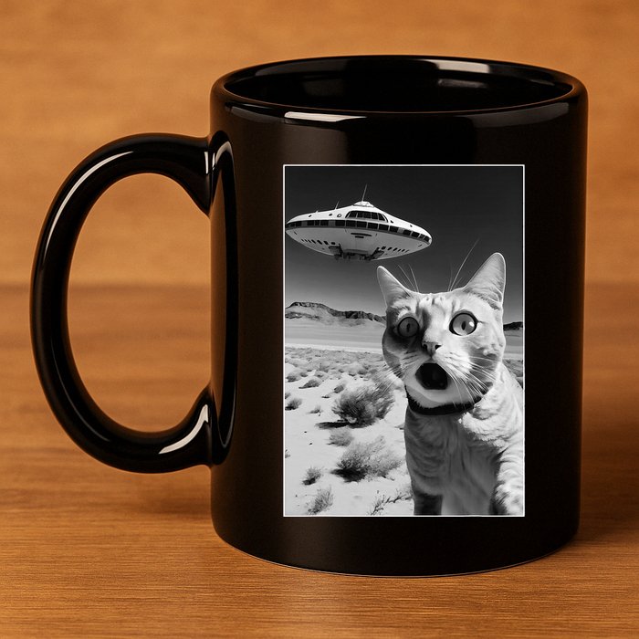 A cat taking a selfie with a ufo spaceship funny pun meme 11oz C Handle Ceramic Mug