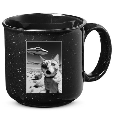 A cat taking a selfie with a ufo spaceship funny pun meme 15oz Campfire Ceramic Mug