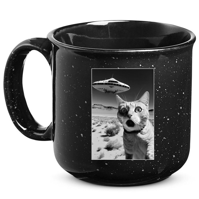 A cat taking a selfie with a ufo spaceship funny pun meme 15oz Campfire Ceramic Mug
