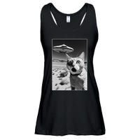 A cat taking a selfie with a ufo spaceship funny pun meme Ladies Essential Flowy Tank