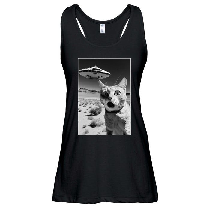 A cat taking a selfie with a ufo spaceship funny pun meme Ladies Essential Flowy Tank