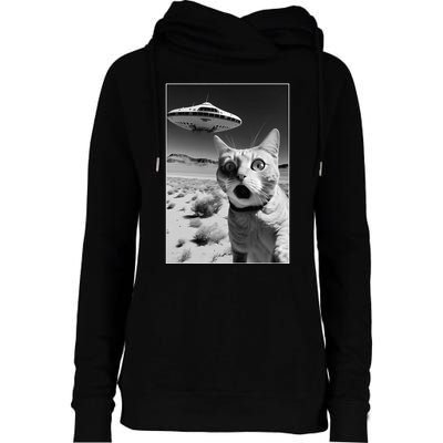 A cat taking a selfie with a ufo spaceship funny pun meme Womens Funnel Neck Pullover Hood