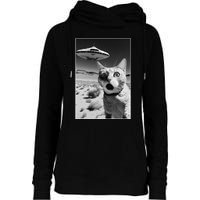 A cat taking a selfie with a ufo spaceship funny pun meme Womens Funnel Neck Pullover Hood