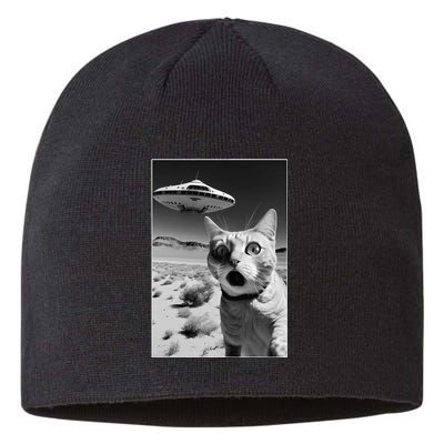 A cat taking a selfie with a ufo spaceship funny pun meme Sustainable Beanie