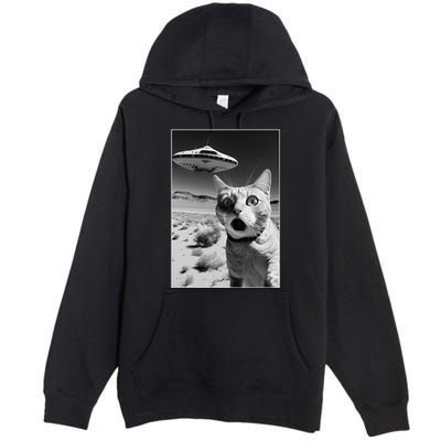 A cat taking a selfie with a ufo spaceship funny pun meme Premium Pullover Hoodie