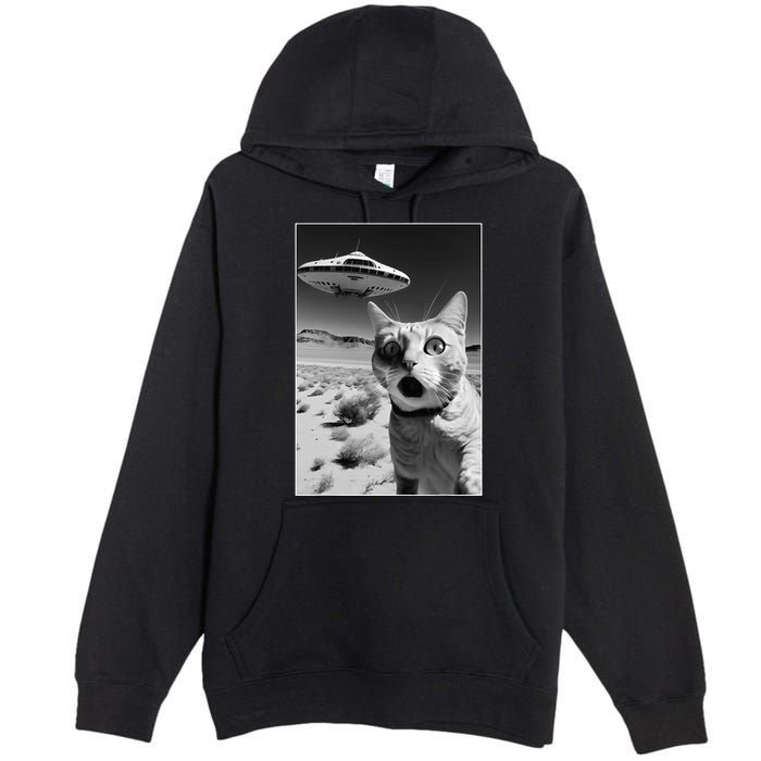 A cat taking a selfie with a ufo spaceship funny pun meme Premium Pullover Hoodie