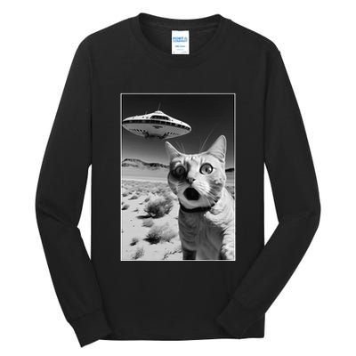 A cat taking a selfie with a ufo spaceship funny pun meme Tall Long Sleeve T-Shirt