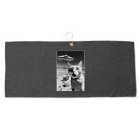 A cat taking a selfie with a ufo spaceship funny pun meme Large Microfiber Waffle Golf Towel