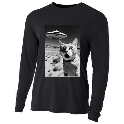 A cat taking a selfie with a ufo spaceship funny pun meme Cooling Performance Long Sleeve Crew