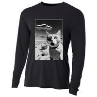 A cat taking a selfie with a ufo spaceship funny pun meme Cooling Performance Long Sleeve Crew