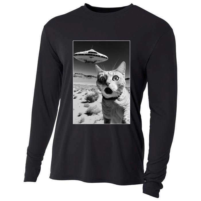 A cat taking a selfie with a ufo spaceship funny pun meme Cooling Performance Long Sleeve Crew
