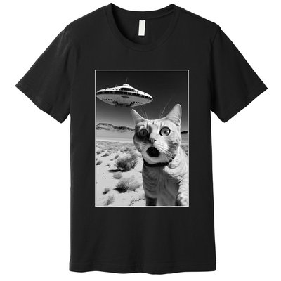 A cat taking a selfie with a ufo spaceship funny pun meme Premium T-Shirt