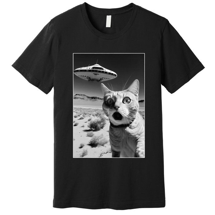 A cat taking a selfie with a ufo spaceship funny pun meme Premium T-Shirt
