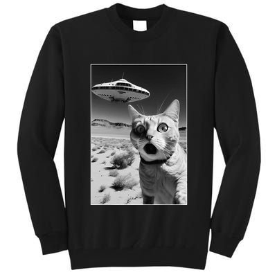 A cat taking a selfie with a ufo spaceship funny pun meme Tall Sweatshirt