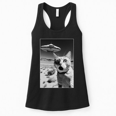 A cat taking a selfie with a ufo spaceship funny pun meme Womens Tank Top