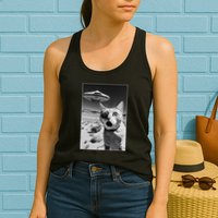 A cat taking a selfie with a ufo spaceship funny pun meme Womens Tank Top