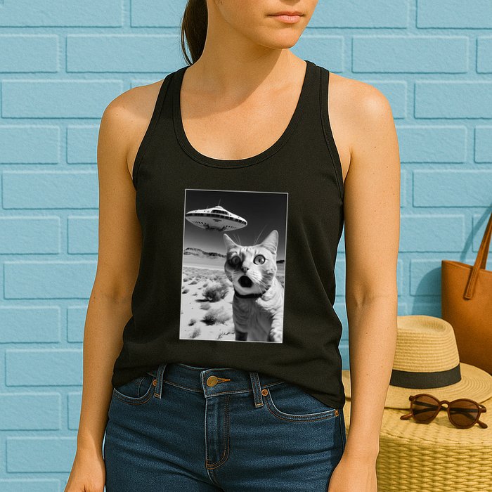A cat taking a selfie with a ufo spaceship funny pun meme Womens Tank Top