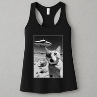 A cat taking a selfie with a ufo spaceship funny pun meme Womens Tank Top