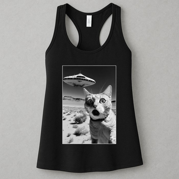 A cat taking a selfie with a ufo spaceship funny pun meme Womens Tank Top