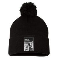 A cat taking a selfie with a ufo spaceship funny pun meme Pom Pom 12in Knit Beanie