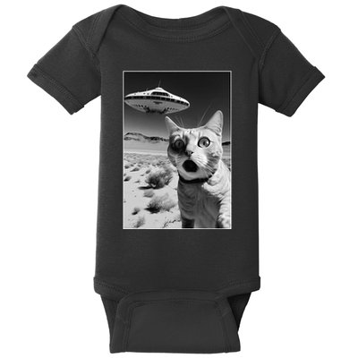 A cat taking a selfie with a ufo spaceship funny pun meme Baby Bodysuit