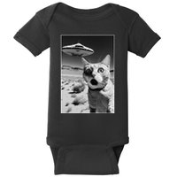 A cat taking a selfie with a ufo spaceship funny pun meme Baby Bodysuit