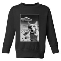 A cat taking a selfie with a ufo spaceship funny pun meme Toddler Sweatshirt