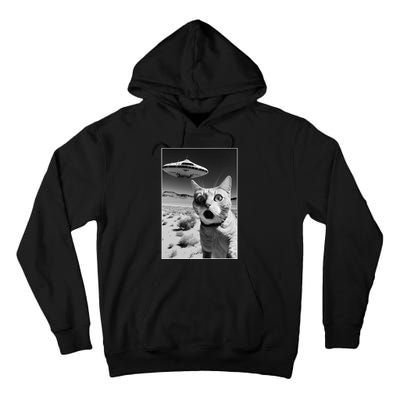 A cat taking a selfie with a ufo spaceship funny pun meme Tall Hoodie