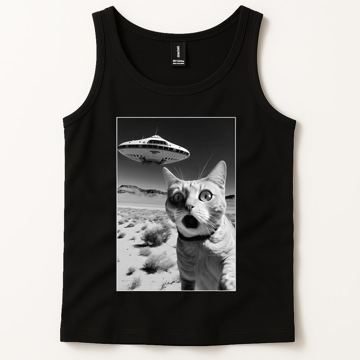 A cat taking a selfie with a ufo spaceship funny pun meme Tank Top