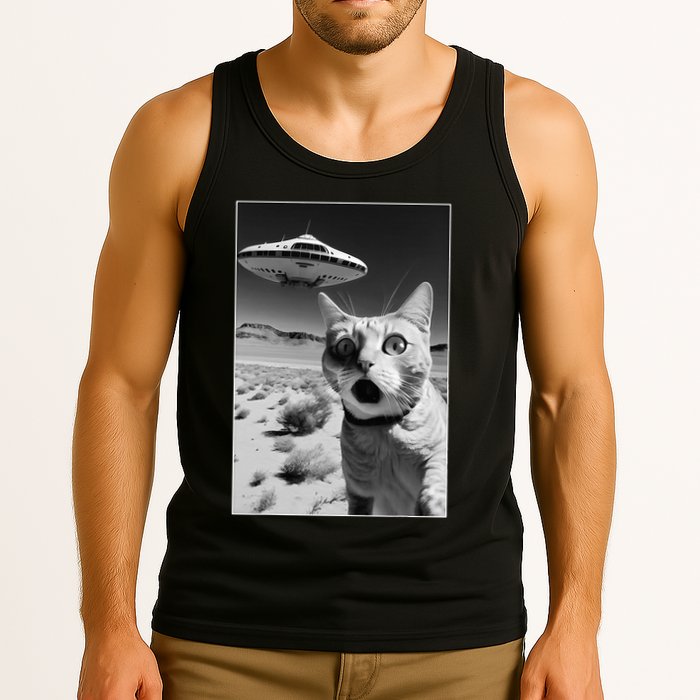 A cat taking a selfie with a ufo spaceship funny pun meme Tank Top