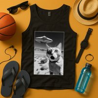 A cat taking a selfie with a ufo spaceship funny pun meme Tank Top