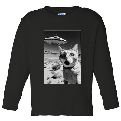 A cat taking a selfie with a ufo spaceship funny pun meme Toddler Long Sleeve Shirt